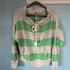 Free People Green and Cream Striped Cowl Neck Sweater